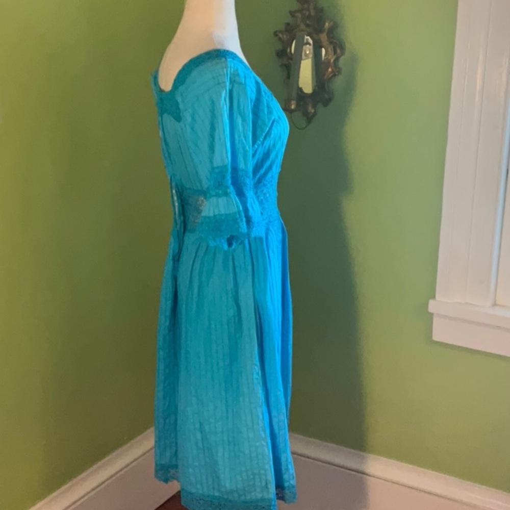 Vintage 70s turquoise Mexican pintucked dress - Picture 3 of 4